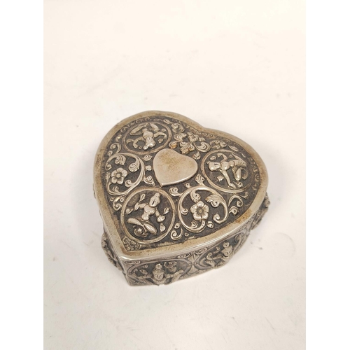 21 - Indian embossed silver box of heart shape and various other items including silver mounted turquoise... 