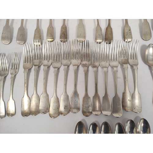 23 - Silver fiddle pattern table ware, various 19th century dates and assays including York, Edinburgh an... 