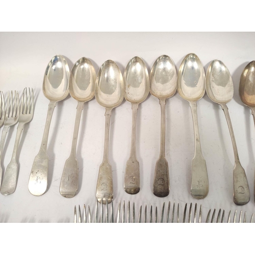 23 - Silver fiddle pattern table ware, various 19th century dates and assays including York, Edinburgh an... 