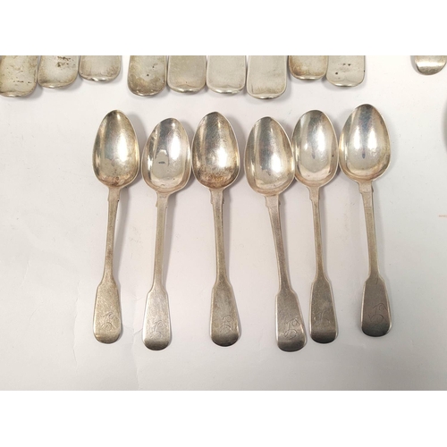 23 - Silver fiddle pattern table ware, various 19th century dates and assays including York, Edinburgh an... 