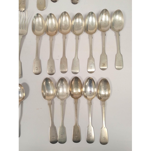 23 - Silver fiddle pattern table ware, various 19th century dates and assays including York, Edinburgh an... 