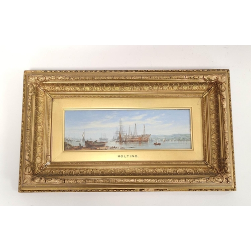 234 - After Francis Moltino (1818-1874).Old views from the Thames.Oil on board.9cm x 29cm.Marked Moltino t... 