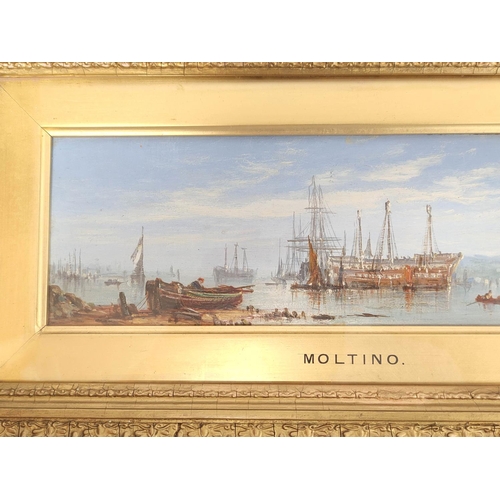 234 - After Francis Moltino (1818-1874).Old views from the Thames.Oil on board.9cm x 29cm.Marked Moltino t... 