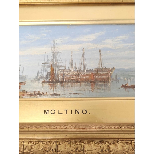 234 - After Francis Moltino (1818-1874).Old views from the Thames.Oil on board.9cm x 29cm.Marked Moltino t... 