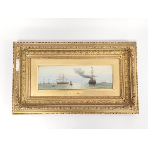 234 - After Francis Moltino (1818-1874).Old views from the Thames.Oil on board.9cm x 29cm.Marked Moltino t... 