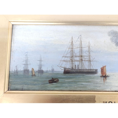 234 - After Francis Moltino (1818-1874).Old views from the Thames.Oil on board.9cm x 29cm.Marked Moltino t... 