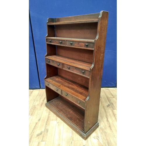 370 - 19th Century mahogany waterfall bookcase with open shelving interspersed with three pairs of small d... 