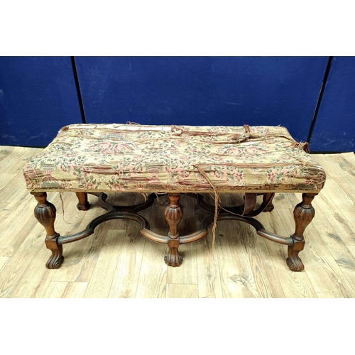 371 - William & Mary revival walnut centre stool circa early 20th Century with Chinese themed damask s... 