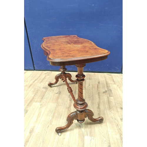 373 - Victorian figured walnut occasional table with shaped top, on turned columns and scroll feet with ce... 