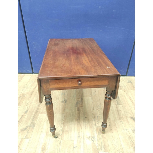 380 - Victorian mahogany Pembroke table with drawer to one end and faux drawer to opposing end, on turned ... 