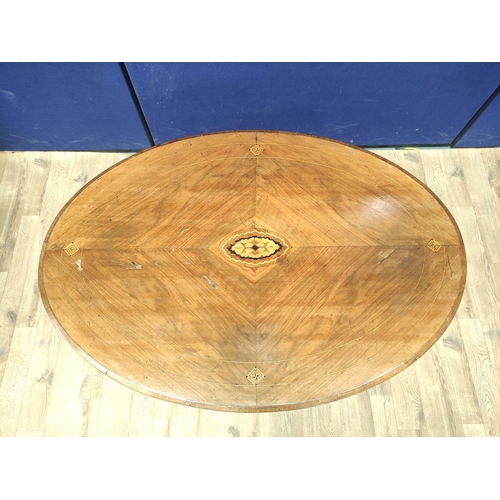 382 - 19th century walnut centre table with marquetry inlaid panel to the oval top, on turned column and t... 