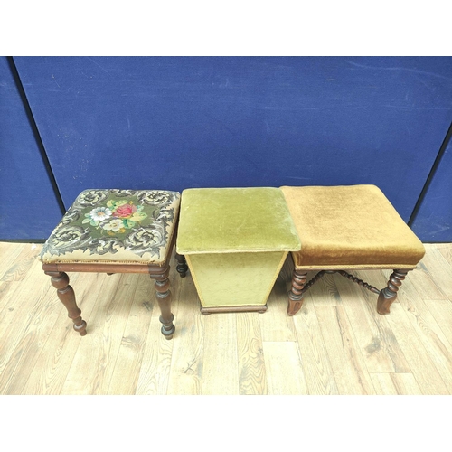 384 - Two Victorian mahogany footstools upholstered in later velour and embroidered fabric, with another V... 