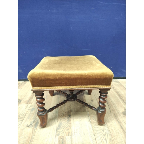 384 - Two Victorian mahogany footstools upholstered in later velour and embroidered fabric, with another V... 