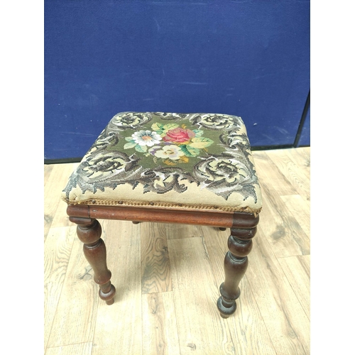 384 - Two Victorian mahogany footstools upholstered in later velour and embroidered fabric, with another V... 