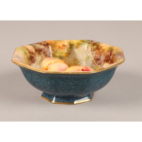 74 - Royal Worcester octagonal bowl, interior decorated with fallen fruit, signed T. Roberts with blue ex... 