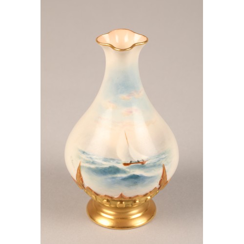 75 - Royal Worcester bottle shaped vase with hand painted seascape with gilt border, signed R. Rushton, 1... 