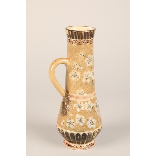 76 - Early Martin Brothers prunus jug, slender tapering arts and crafts inspired jug, decorated with deli... 