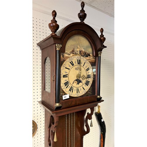 195 - Large wall hanging clock with painted dial, overall length 138 cm