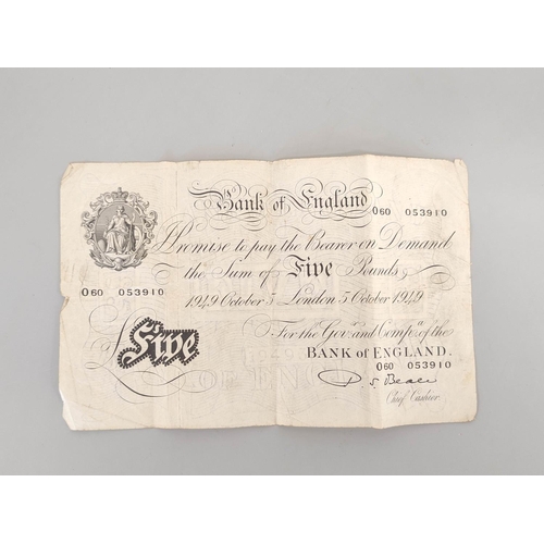 187 - Bank of England. Percival S. Beale, £5 note, 5th October 1949, serial number O60 053910.... 