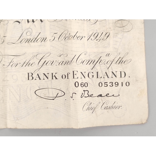 187 - Bank of England. Percival S. Beale, £5 note, 5th October 1949, serial number O60 053910.... 