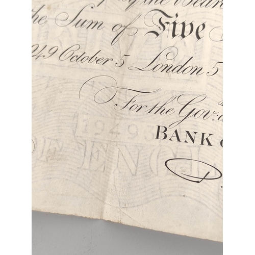 187 - Bank of England. Percival S. Beale, £5 note, 5th October 1949, serial number O60 053910.... 