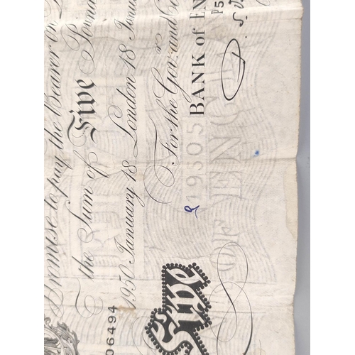 188 - Bank of England. Percival S. Beale, £5 note, 18th January 1950, serial number P51 006494.... 