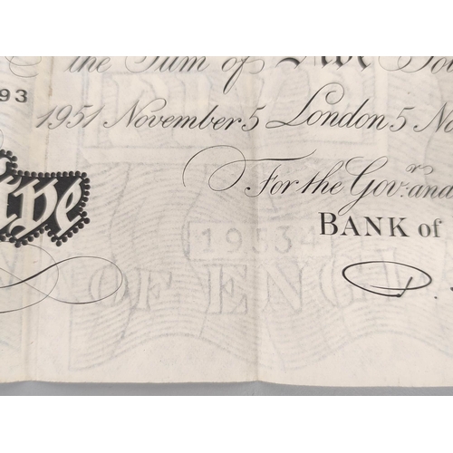 189 - Bank of England. Percival S. Beale, £5 note, 5th November 1951, serial number W16 069493.... 