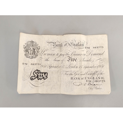 190 - Bank of England. Percival S. Beale, £5 note, 15th September 1951, serial number V72 063775.... 