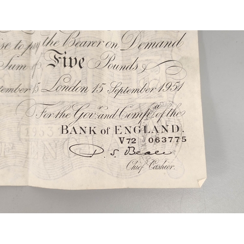 190 - Bank of England. Percival S. Beale, £5 note, 15th September 1951, serial number V72 063775.... 