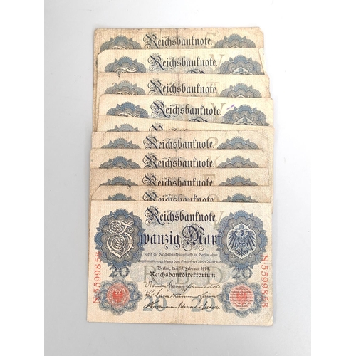 193 - Germany. 1910s/20s banknotes to include ten 1914 20 Mark notes, a 50 Mark note dated 1919 serial no ... 