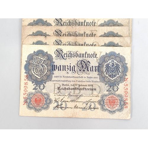 193 - Germany. 1910s/20s banknotes to include ten 1914 20 Mark notes, a 50 Mark note dated 1919 serial no ... 