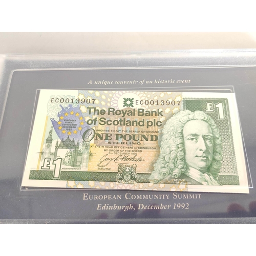 196 - Scotland. Group of banknotes to include six RBS Robert Louis Stevenson 1pound notes Uncirculated and... 