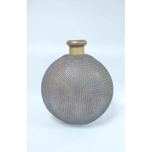 155 - 20th Century iron mesh and brass floor standing vessel the large vase with spherical body, 62cm high... 