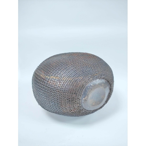 155 - 20th Century iron mesh and brass floor standing vessel the large vase with spherical body, 62cm high... 