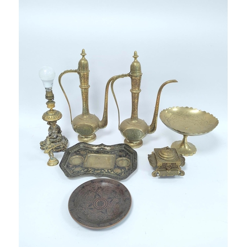 156 - Group of assorted brass wares to include pair of large Middle Eastern tea pots with covers, Bidri st... 