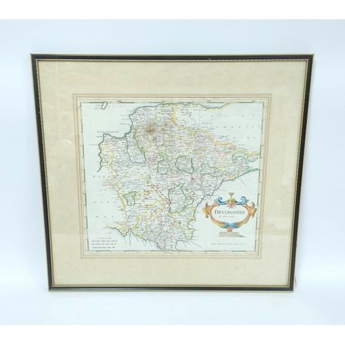 189 - Robert Morden (1650-1703). Hand coloured engraved map of Devonshire 36.5cm x 41.5cm, later framed an... 