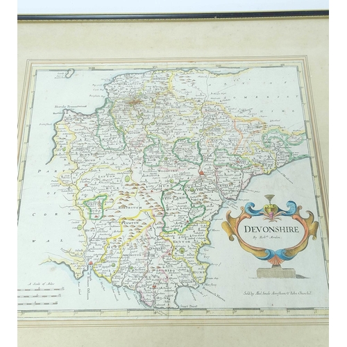 189 - Robert Morden (1650-1703). Hand coloured engraved map of Devonshire 36.5cm x 41.5cm, later framed an... 