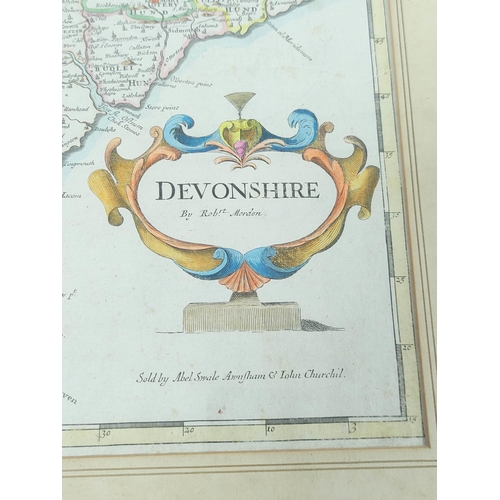 189 - Robert Morden (1650-1703). Hand coloured engraved map of Devonshire 36.5cm x 41.5cm, later framed an... 