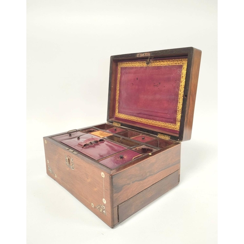 176 - Victorian rosewood gentleman`s writing box, the hinged top enclosing fitted tooled compartments, sec... 