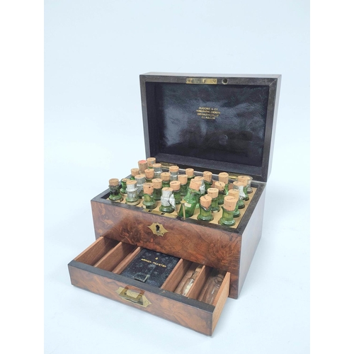 177 - Victorian burr walnut chemists / apothecary box, the hinged top containing assorted small green glas... 