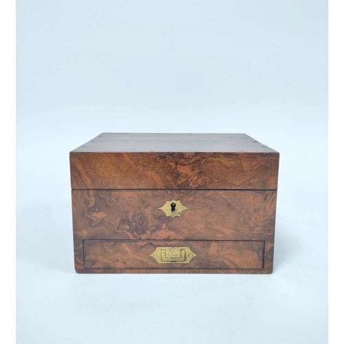 177 - Victorian burr walnut chemists / apothecary box, the hinged top containing assorted small green glas... 