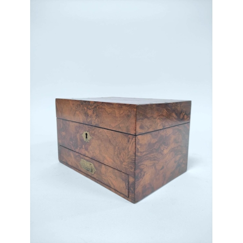 177 - Victorian burr walnut chemists / apothecary box, the hinged top containing assorted small green glas... 