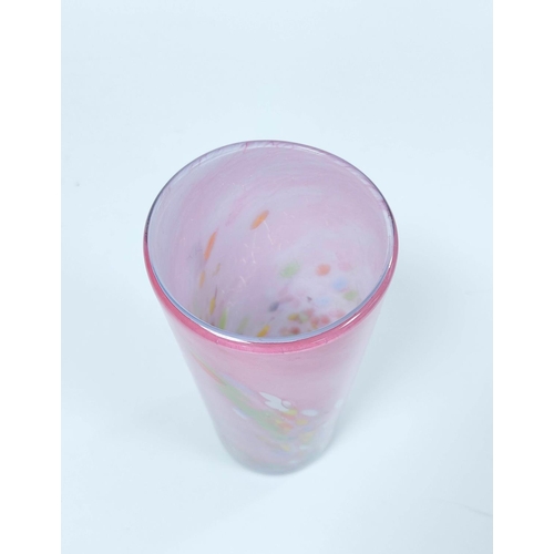 179 - Art Glass Vase of cylindrical shape with multi coloured inclusions on a pink opaque ground, signed B... 