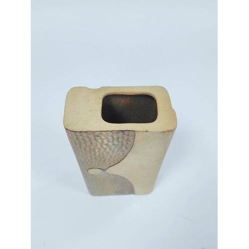 300 - Roger Veal. Tolcarne Pottery. Studio pottery cubed shaped vase with aperture to the top and abstract... 