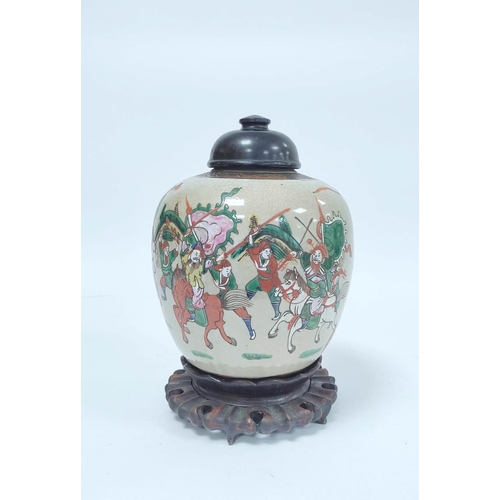 350 - Chinese crackle glaze ginger jar of ovoid form with later hardwood cover, oxidised banding to the to... 