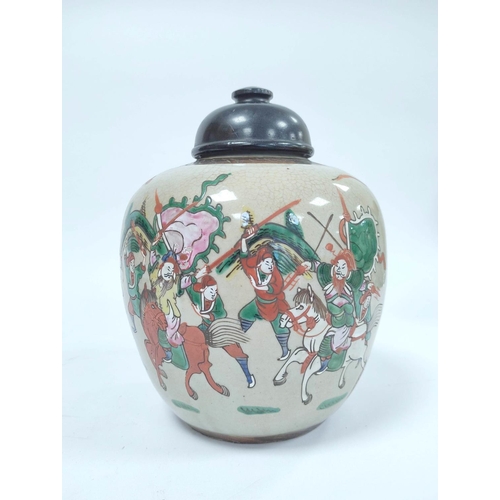 350 - Chinese crackle glaze ginger jar of ovoid form with later hardwood cover, oxidised banding to the to... 