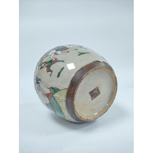 350 - Chinese crackle glaze ginger jar of ovoid form with later hardwood cover, oxidised banding to the to... 