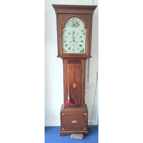 153 - Eight day longcase clock with painted arch dial with sprays of flowers in mahogany case with Sherato... 