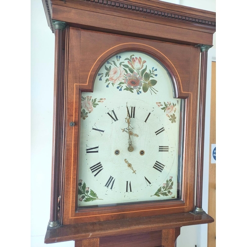 153 - Eight day longcase clock with painted arch dial with sprays of flowers in mahogany case with Sherato... 