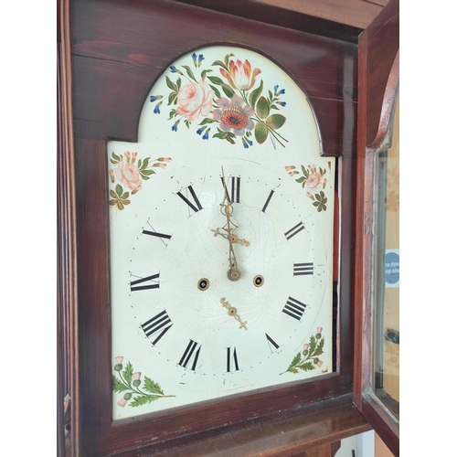 153 - Eight day longcase clock with painted arch dial with sprays of flowers in mahogany case with Sherato... 